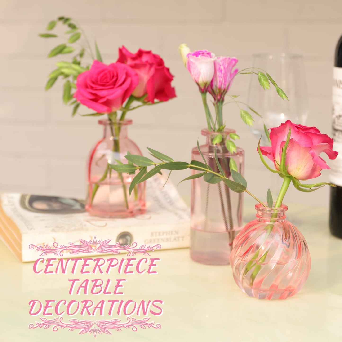 Pink Glass Bud Vases in Bulk 24, Pink Vase Small Vases for Flowers Modern Ribbed Glass Bud Vase for Decor Wedding Flower Vase Bulks Vintage Decor Bridal Shower Centerpieces Home Table Decoration