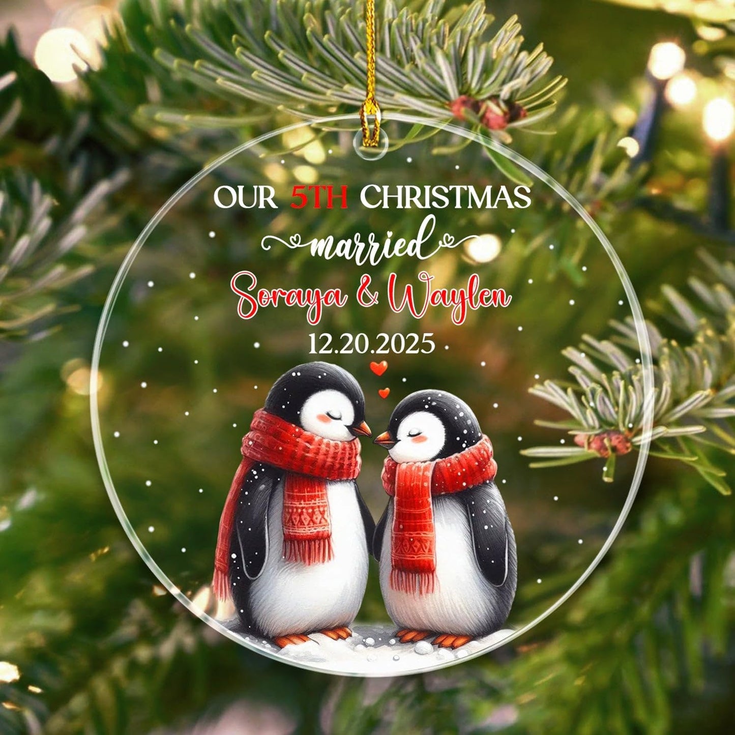 Our 5TH Christmas Married Ornament 2025, Customized Date & Name Mr & Mrs Penguin Xmas Ornament Gift for Married Couple, Personalized Mr & Mrs Penguin Marriage Ornaments for 5th Anniversary Together