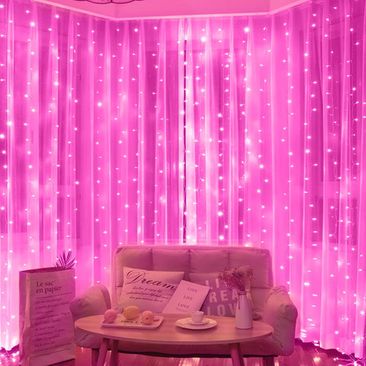 Brightown 300 LED Curtain Lights for Bedroom 9.8 FT Hanging Window Lights with Remote, Connectable, 8 Modes, Waterproof Fairy Lights for Outdoor Indoor Valentine's Day Christmas Holiday Party, Pink