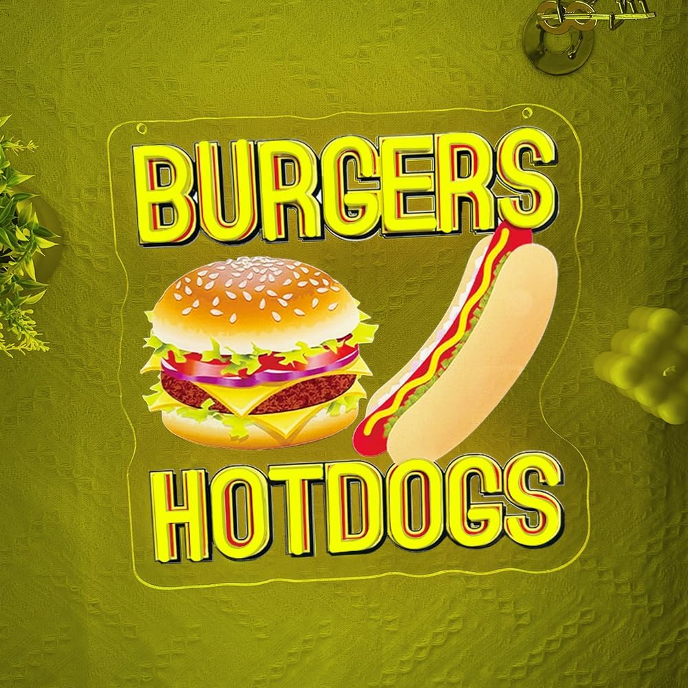 Hot Dogs Burgers Neon Signs for Wall Decor,Hot Dogs Led Neon Sign Party Decorations,Dimmable Hamburger Led Lights Sign for Business Food Restaurant Bar Birthday Party Decor,Hot Dog Shop Decor