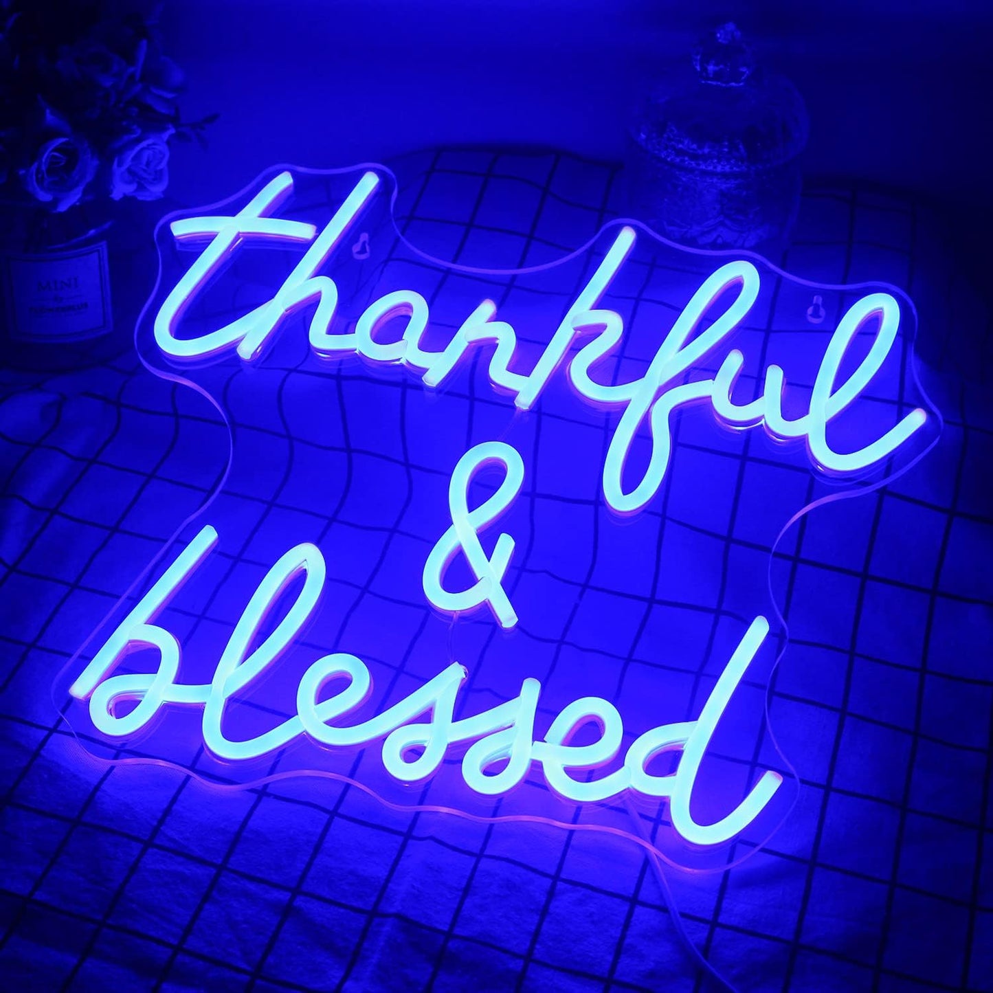 Thankful and Blessed Neon Sign Thanksgiving Led Sign Blessed Neon Lights Blue Light up Sign USB Powered Switch Neon Signs for Wall Decor for Wedding Decoration Birthday Party Girls Decor
