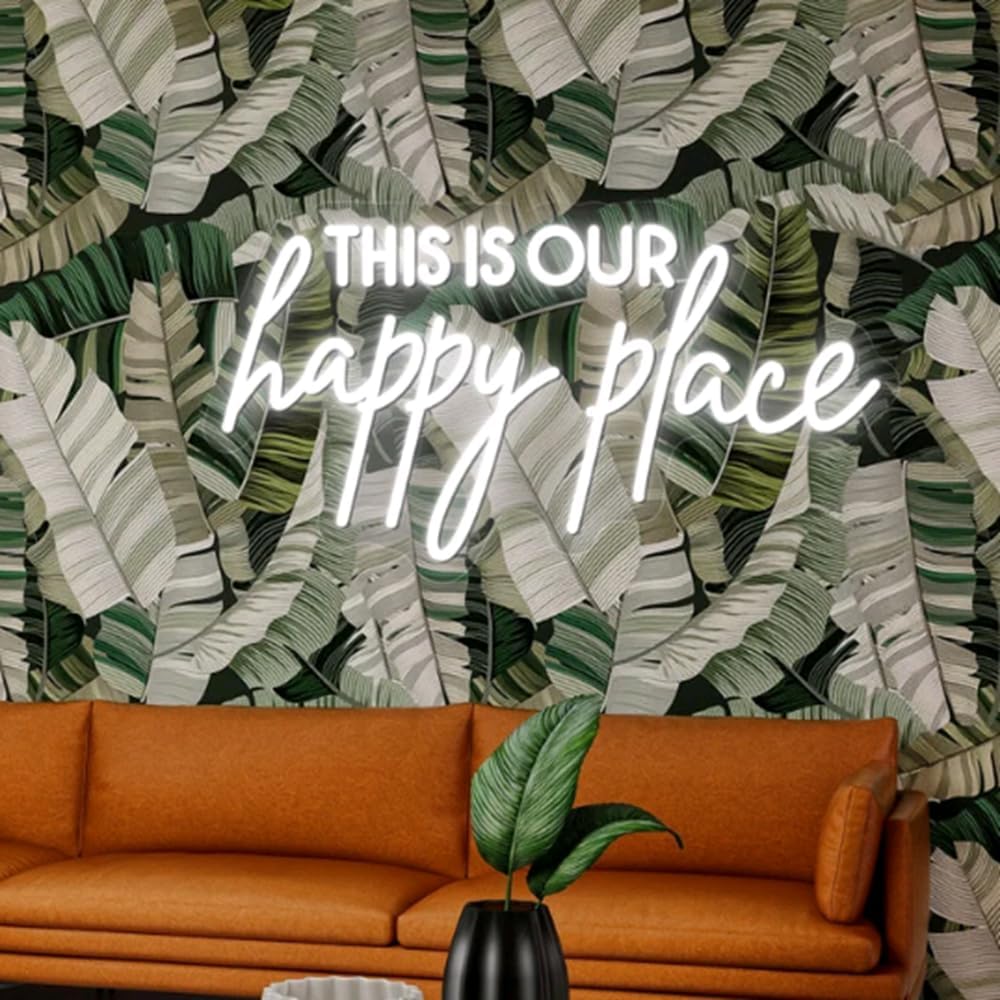 This Is Our Happy Place Neon Sign, Custom Bedroom LED Neon Light Home Bedroom Salon Wall Decor Personalized Gift Wedding Party Decoration USB Size:20x11inch