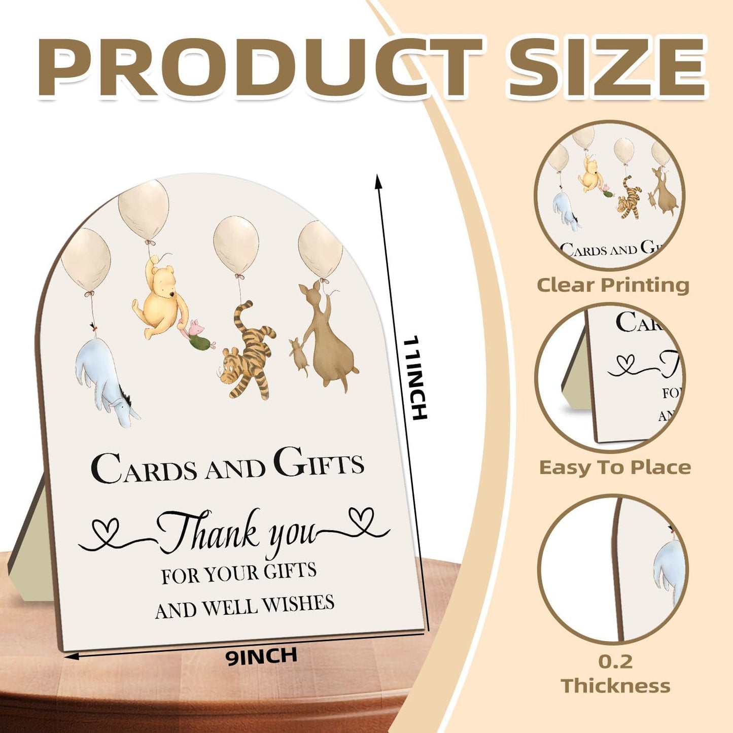 Winnie Cards and Gift Sign, Classic Pooh Thank You Wooden Sign, Classic Winnie Bridal Shower Baby Shower Favors, Thank You for Your Gift and Well Wishes Sign with Stand 9 * 11IN