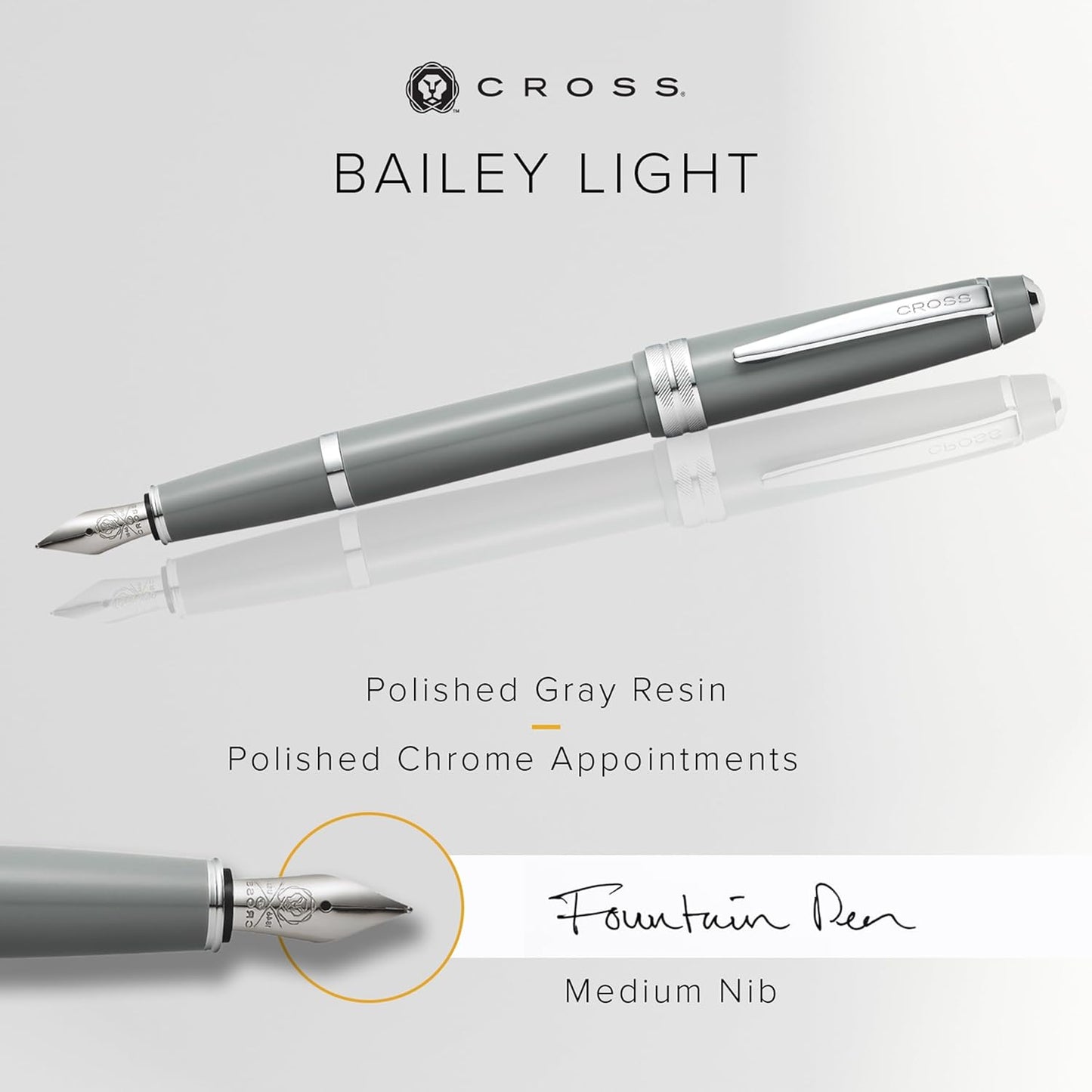 Cross Bailey Light Refillable Fountain Presented in a Everyday Gift Box - Medium Point, Black Ink, Polished Gray