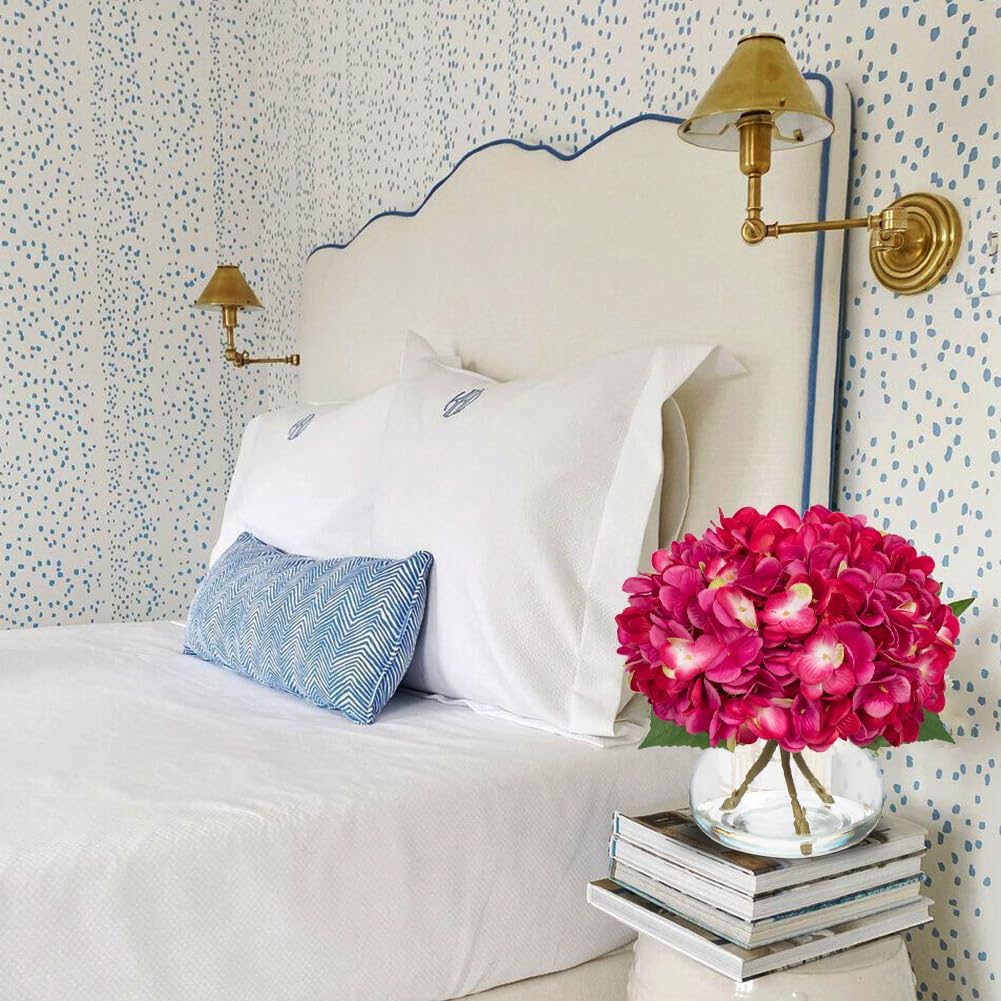 Hollyone Hydrangea Artificial Flowers with Glass Vase Fuchsia Silk Faux Flowers Arrangements in Vase with Faux Water Fake Floral Bulk Bouquet for Home Decor Table Centerpiece Decorations