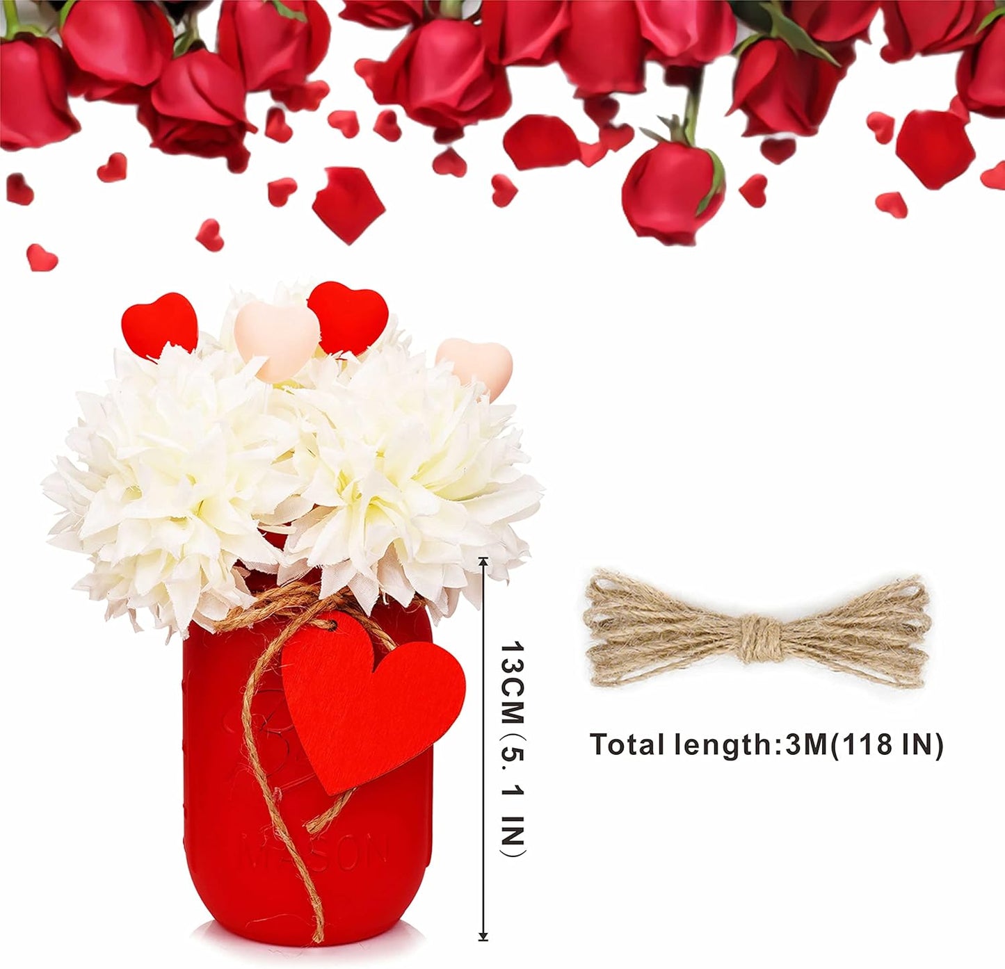 CNVOILA Valentines Table Decorations - 3PC Set with Mason Jars, Centerpiece for Dining Table, Indoor Use