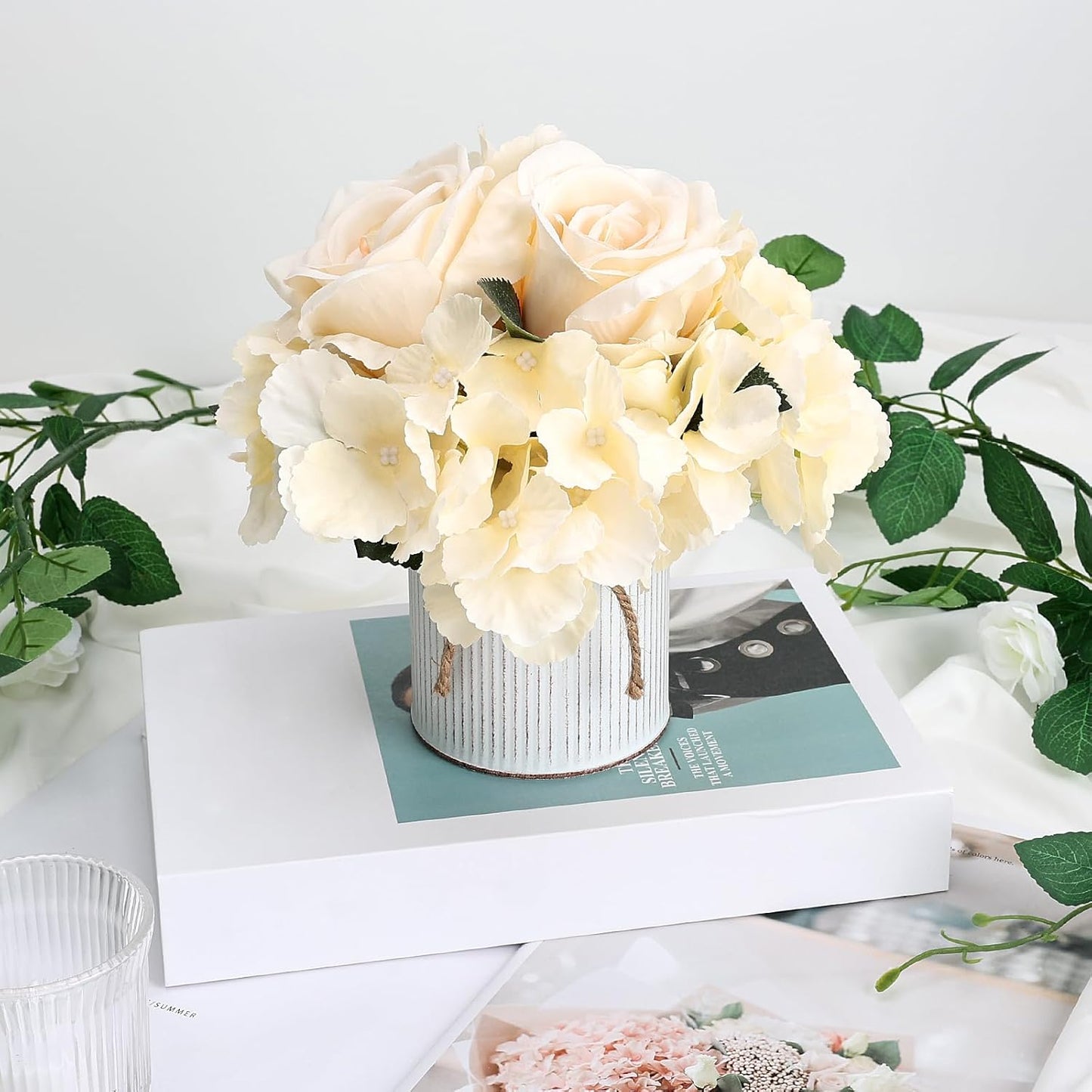 Flower Table Centerpieces - Set of 6 Floral Arrangement Artificial Wedding Hydrangeas Floral Arrangement with Rustic Metal Vase for Bridal Tea Party Event Decorations - Champagne