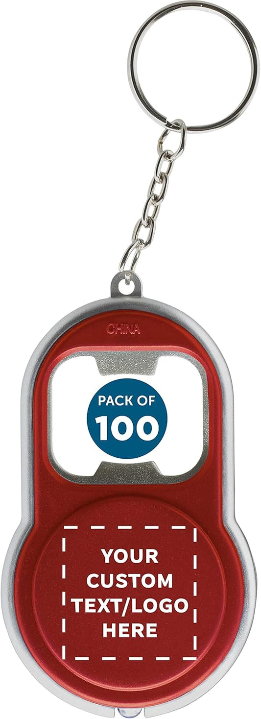 DISCOUNT PROMOS Custom Bottle Opener & LED Keychains Set of 100, Personalized Bulk Pack - Perfect for Tradeshows, Party Favors, Other Events - Red