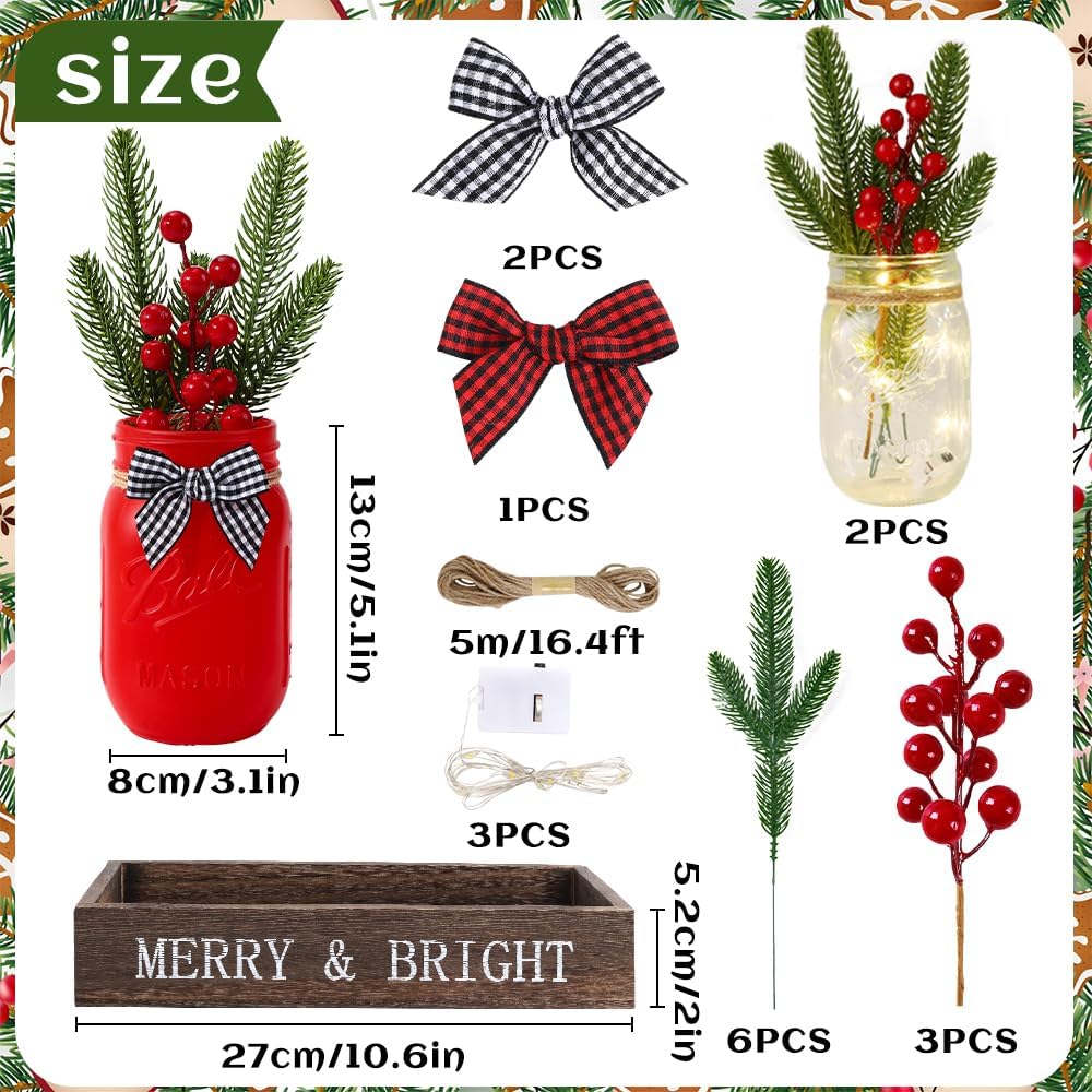 DIYDEC 3PCS Christmas Mason Jars 3*5Inch lighting Painted Xmas Tiered Tray Decorative Jars with Wood Tray &Artificial Flowers Wishing Bottles for Winter Holiday Home Table Centerpiece Decor Gift (Red)