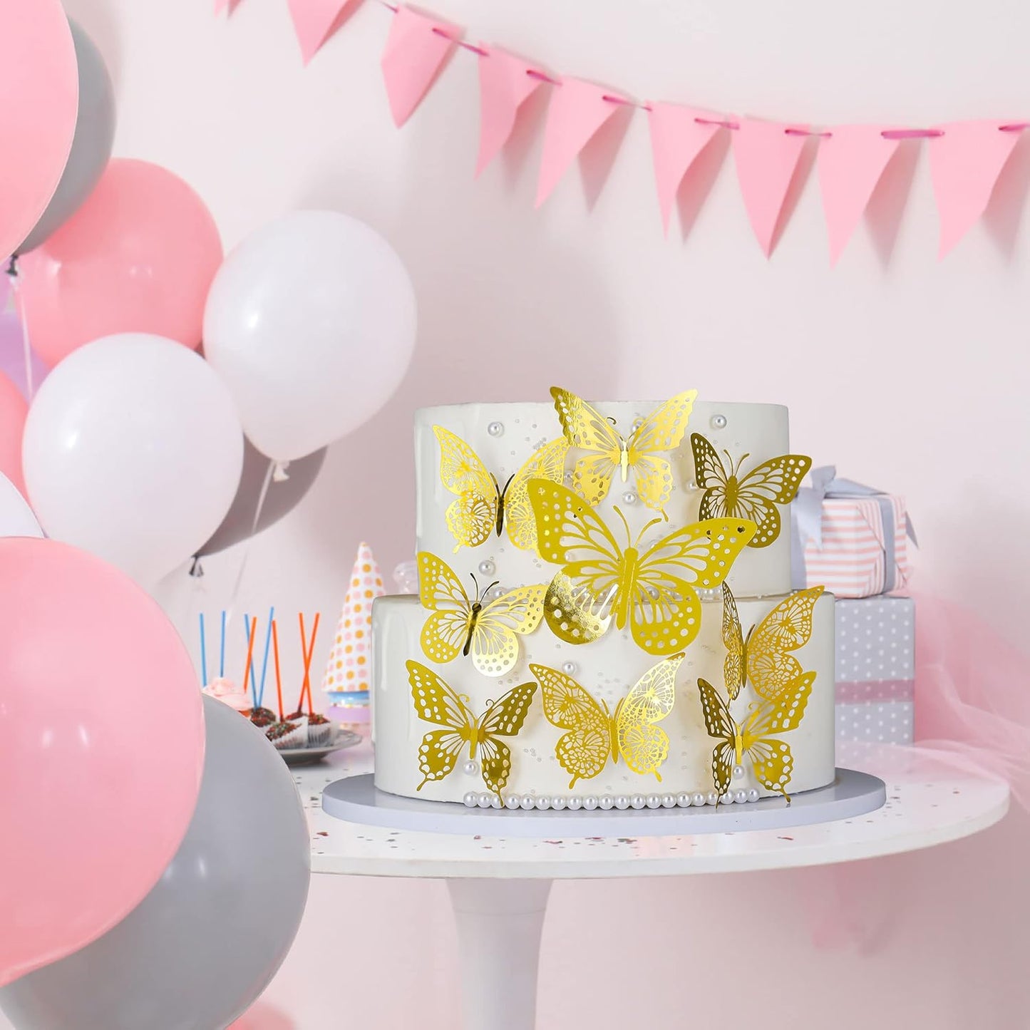 Gyufise 36 Pack Gold Glitter 3D Butterfly Cupcake Toppers Hollow Cake Decorations for Birthday Wedding Fairy Party Wall Sticker Decal