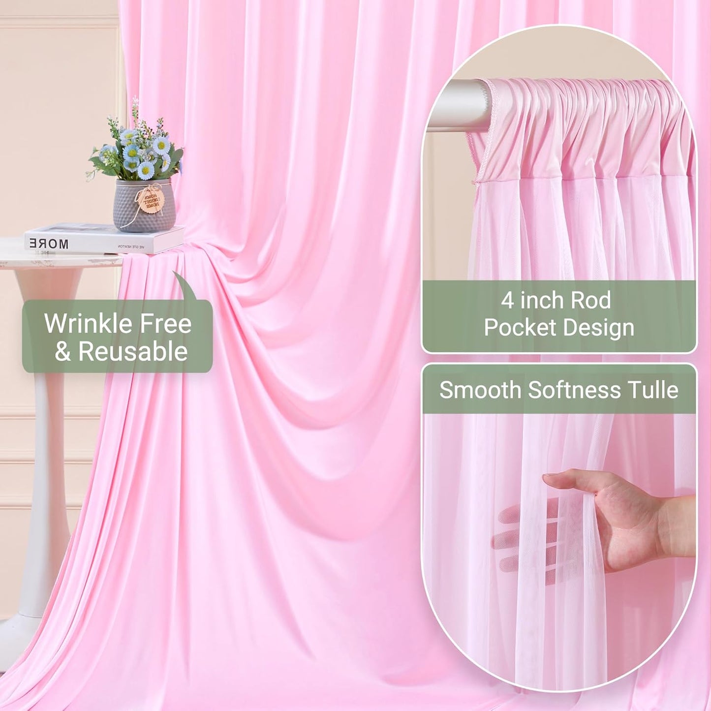 Baby Pink Tulle Backdrop Curtain for Parties Wedding,5ft x 10ft Wrinkle Free Curtain Backdrop,2 Layer Drapes for Backdrop,Polyester Back Drop for Bridal Shower Birthday Baby Shower Photography