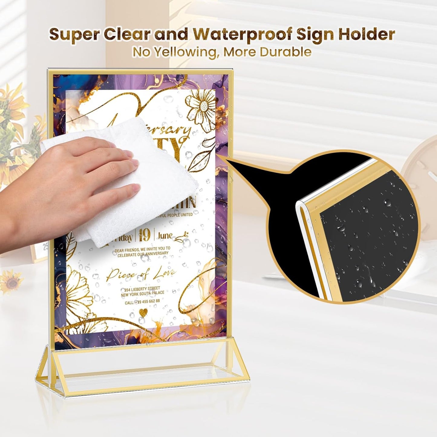 Acrylic Gold Sign Holders 4x6, 2 Pack Wedding Gold Table Number Holders, Double Sided Photo Display Picture Frame Paper Stand, Clear Flyer Stand Menu Holder for Wedding, Home, Party, Restaurant