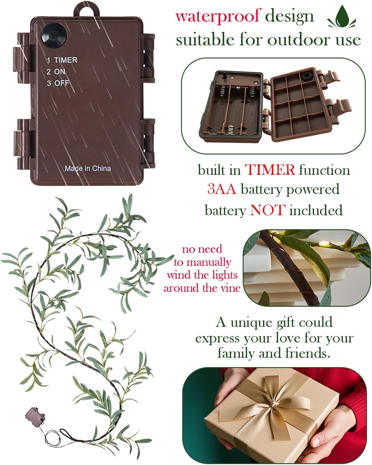 Fudios Lighted Olive Garland Battery Operated with Timer 96 LED Fairy Lights 6ft, Mantle Fireplace Vine Garland with Lights for Spring Easter Decoration Christmas Valentines Wedding Party