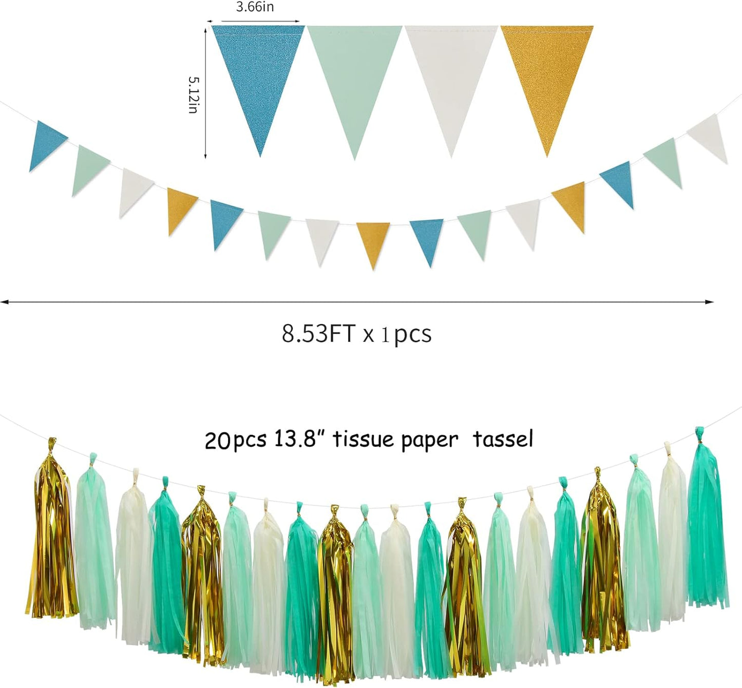 Teal-Blue Mint Beige-Gold Party Decorations - 30pcs Rustic Wedding Tissue Pom Poms Streamers,Tassel Garland Banner,Women Birthday Bachelorette Engagement Party Decor Bunting Lasting Surprise