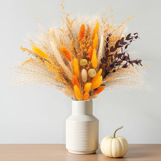 Fall Home Decor 104Pcs Orange Pampas Grass Autumn Dried Flowers Decorations Fluffy Gold Bouquet Fall Wedding Table Centerpieces Rustic Farmhouse Floral Fall Flowers Boho Indoor Outdoor Decor, 17Inch