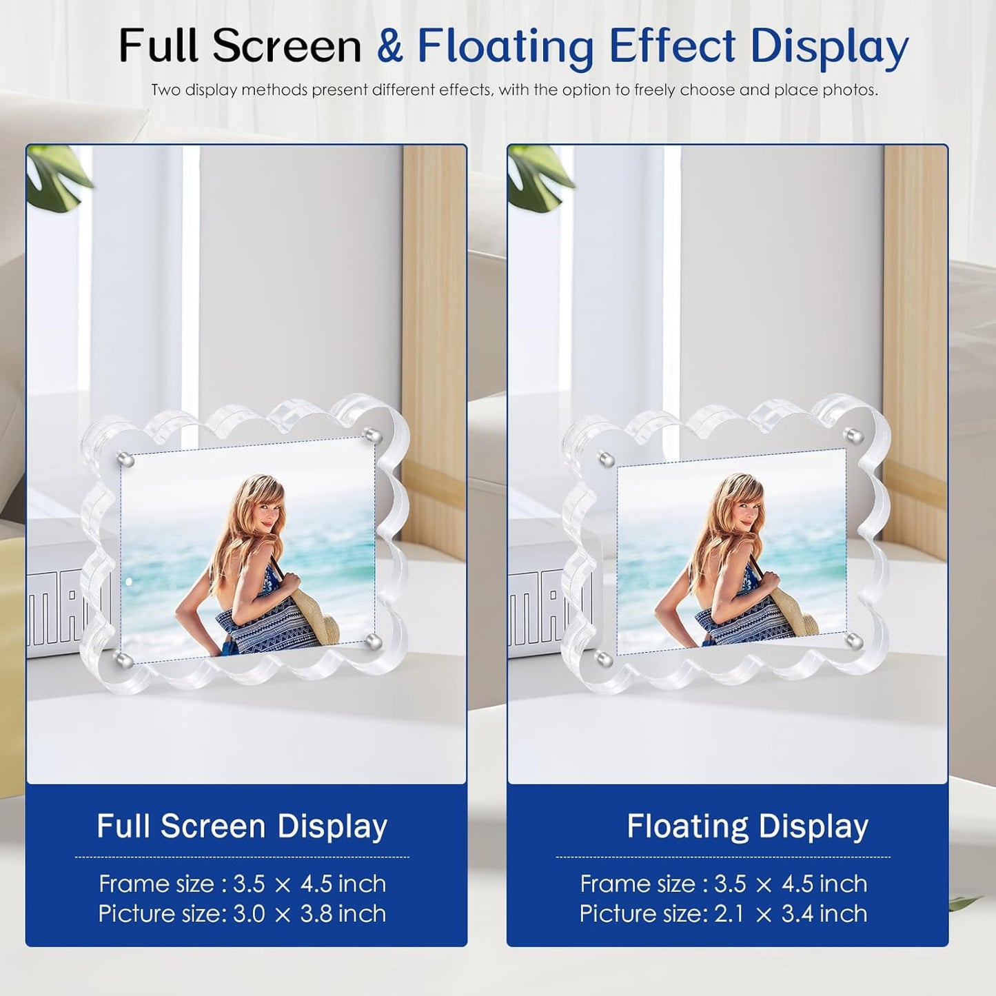 2Pack Magnetic Acrylic Picture Frames 2×3 Inch - Scalloped Glass Frame with 10+10mm Thick Block, Double Sided Clear Frames for Desktop Display | Trendy Home Gift (2 Pack, 2×3)