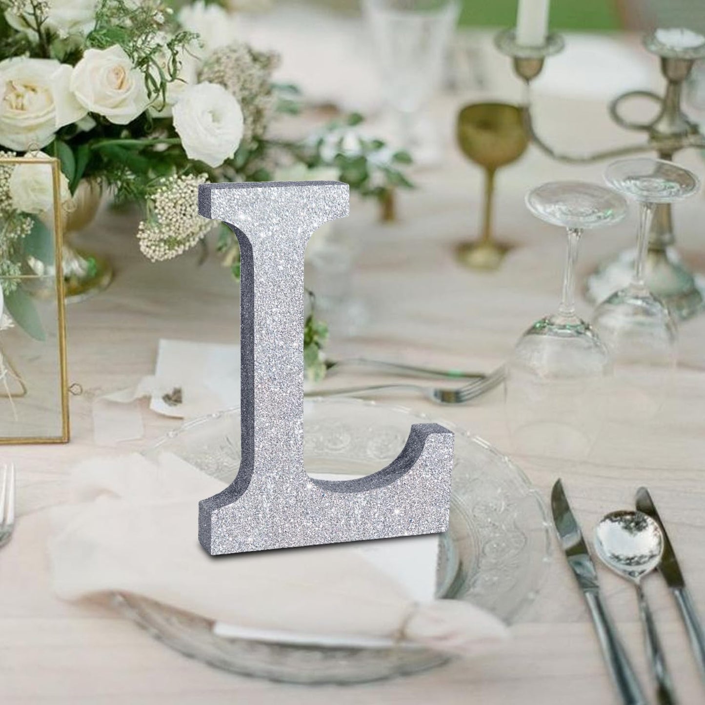 TONIFUL 8 Inch Silver Glitter Letter L Table Centerpiece A-Z Silver Birthday Party Decorations,Silver Alphabet L for Birthday,Chrismas,Graduation,Bridal Shower,Wedding,Anniversary Party Supplies