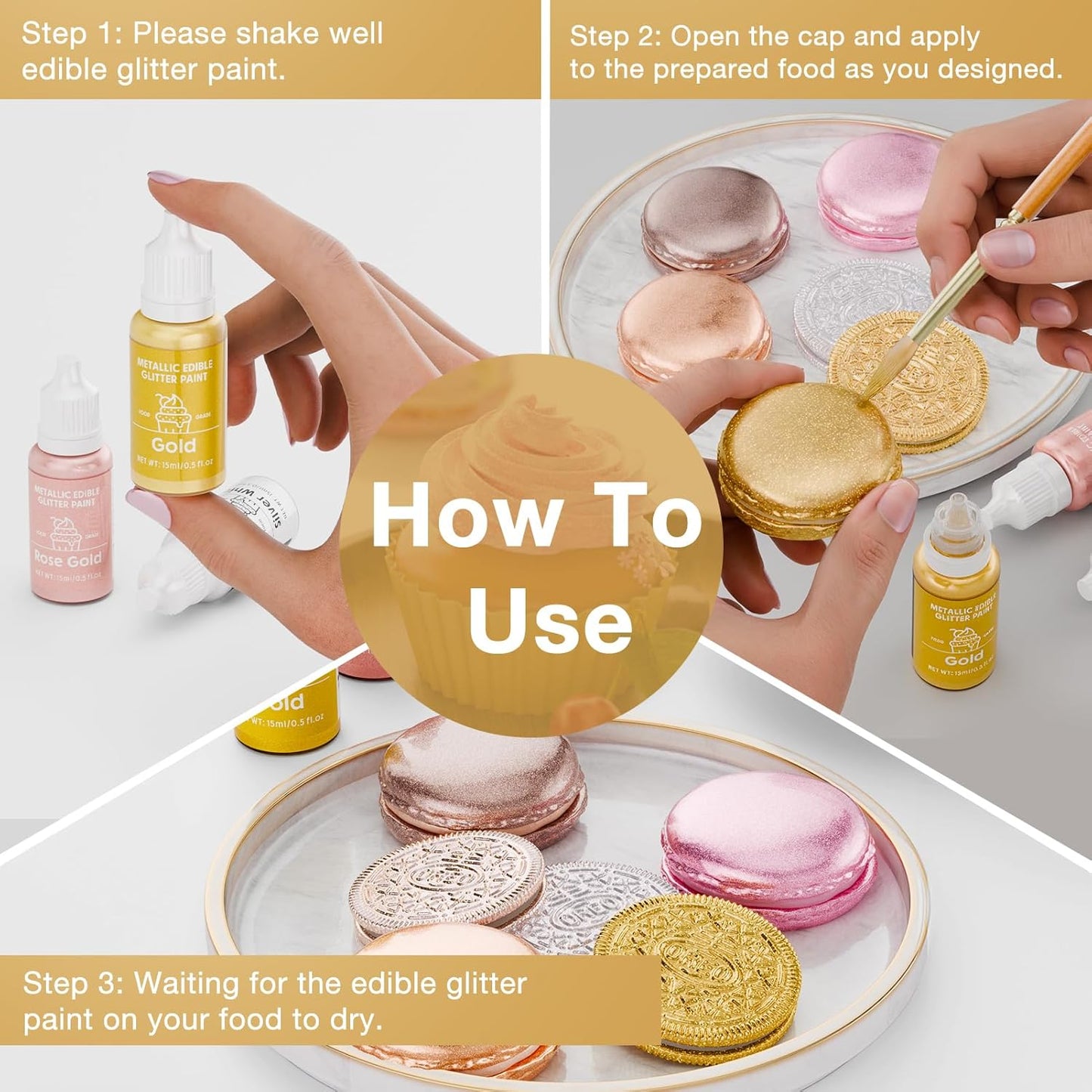 Edible Glitter Paint Set- 6 Color Food Coloring Metallic Glitter Paint for Baking, Cake Decorating - Food Grade Art Decorative Cake Paint for Cupcakes, Cookies, Fondant, Donuts, Macaron, Candy (metal, 6 color)