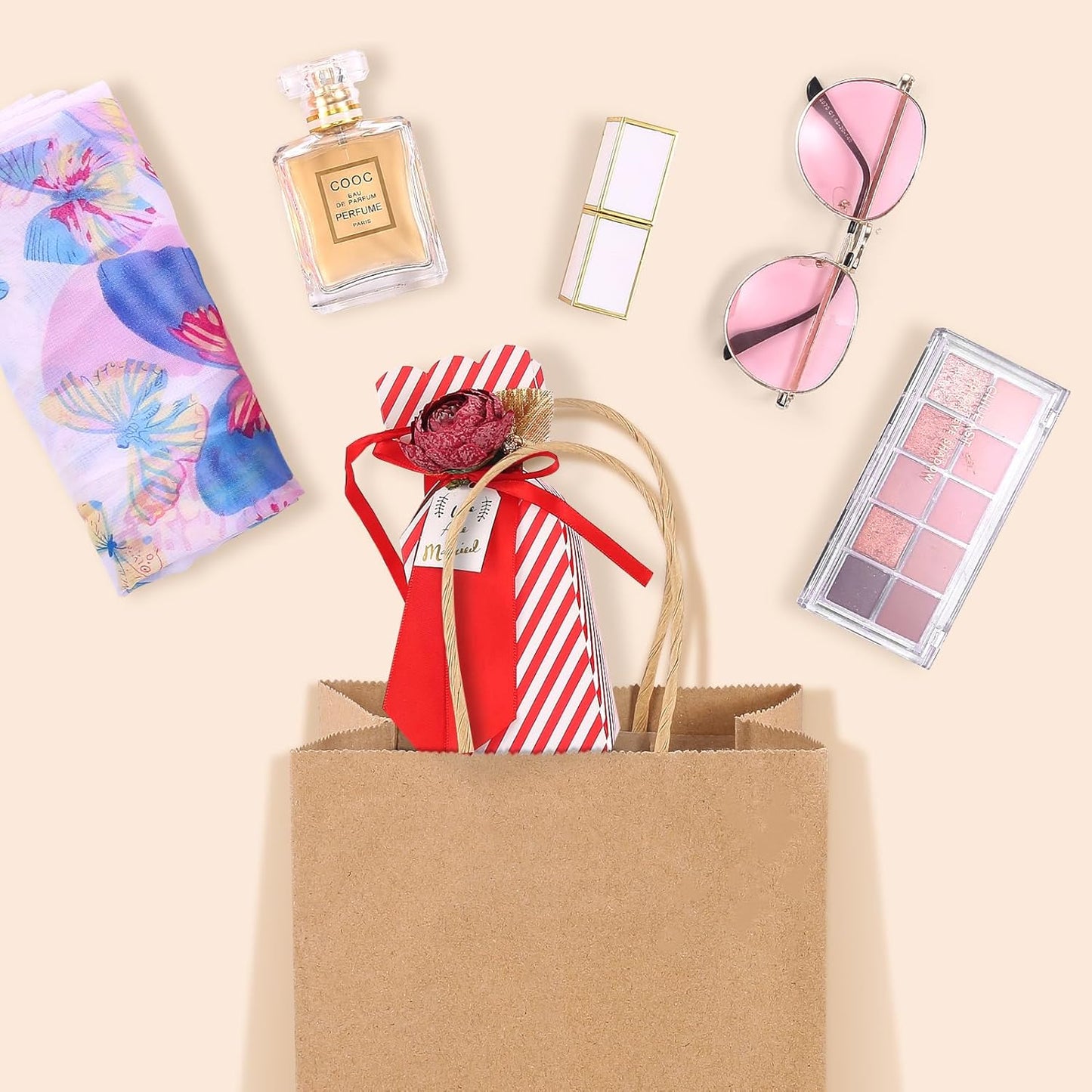 GSSUSA 100 Pack Paper Gift Bags 5.25x3.75x8 Inch Small Brown Paper Bags with Handles Bulk, Brown Kraft Bag for Small Business, Sturdy Grocery Retail Shopping Birthday Party Favor Craft Bag （Made in USA）