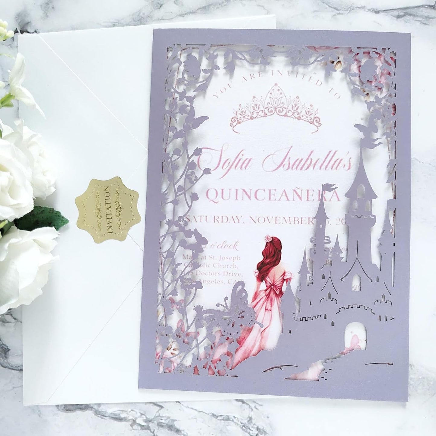 20PCS Castle Pocket Invitations, Quinceanera Invitations with Envelopes, Princess Invitation, Laser Cut quince invites (purple)