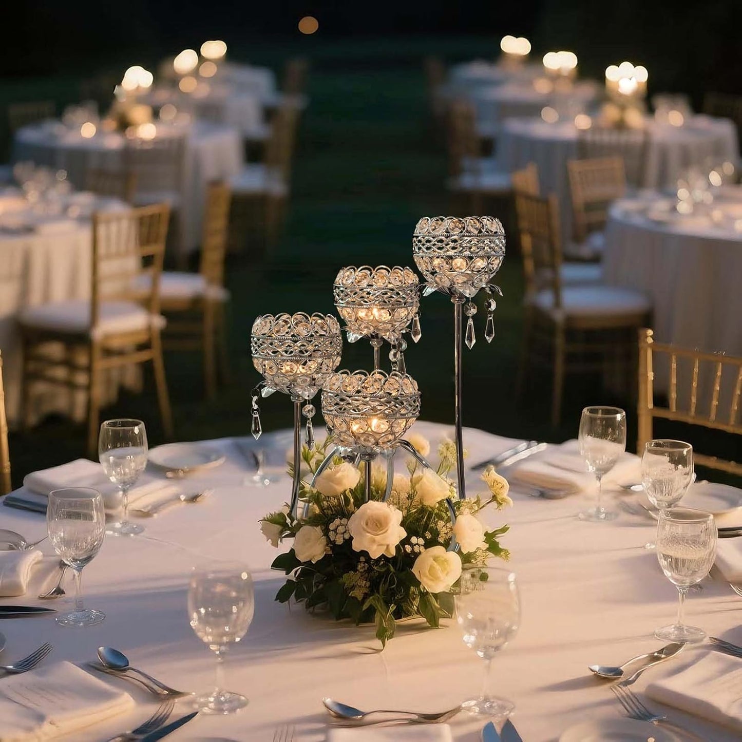 4 Arms Crystal Candelabra Tealight Holder - Tall 15.7 Inch Elegant Centerpiece with Crystal Pendant Bowls & Artistic Metal Stand for Wedding, Dining Table, Home Decor (1, Silver)