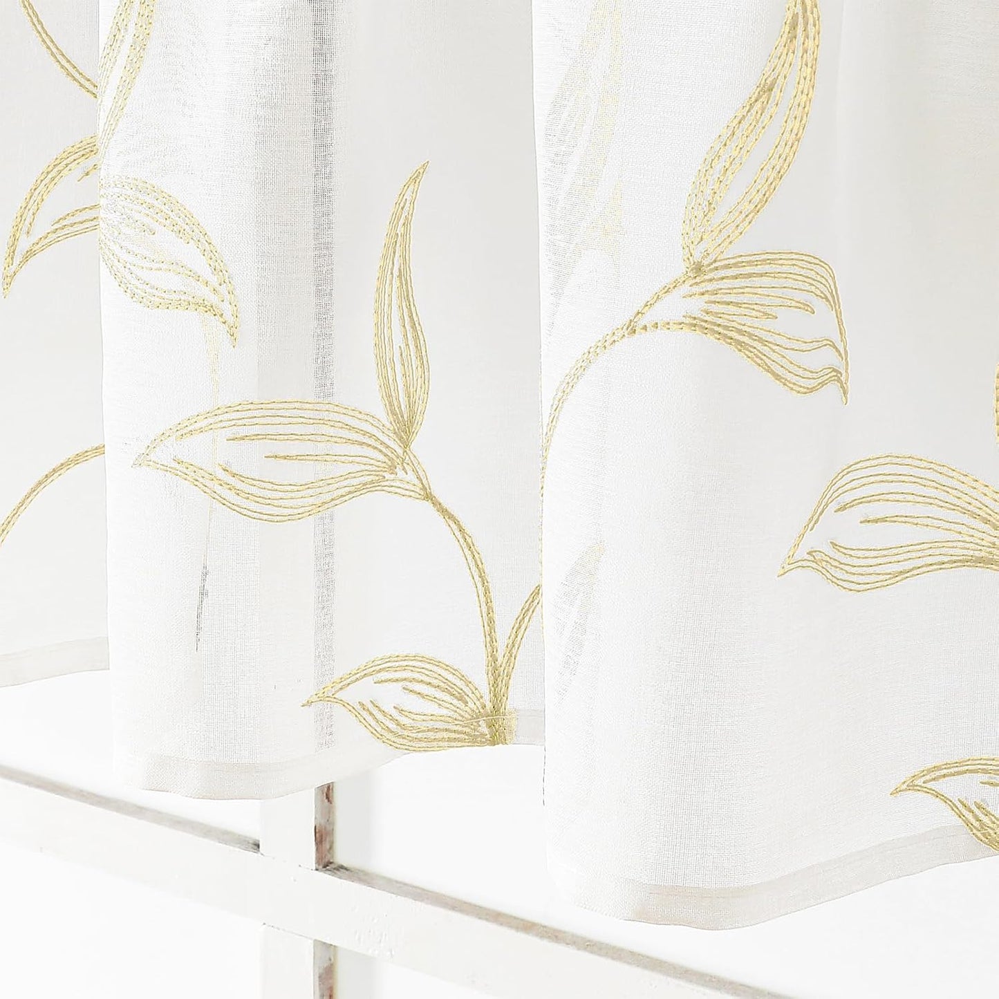 VISIONTEX Sheer Voile Curtain Valances, Decorative Leaves Embroidered, Rod Pocket Window Treatment for Kitchen/Rustic Bedroom/Living Room (54 x 16 Inch,1 Panel)