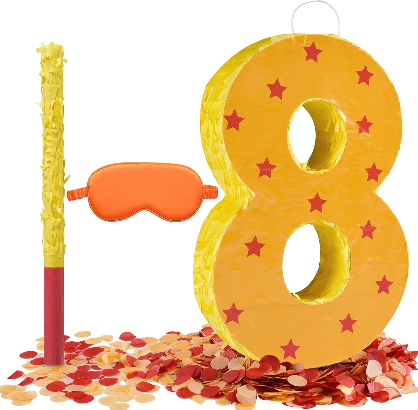 Orange and Red Star Number 8 Pinata, 16 Inch Piñata for 8th Birthday Party Decorations with Stick, Blindfold and Confetti (15.7 inch Number 8 Pinata)
