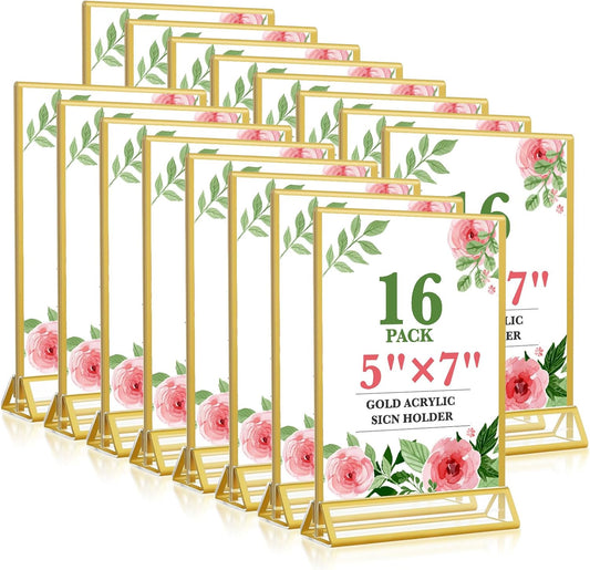 Gold Acrylic Sign Holder 5x7, 16 Pack Wedding Gold Frame Table Number Holders Vertical, Clear Picture Frames Flyer Stands Tables Menu Holder, Double Photo Paper Display Holder for Party, Home, Office
