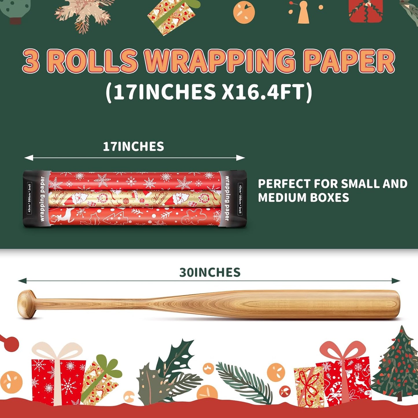 Christmas Gift Wrapping Paper Rolls,3 Rolls 17inches x 198inches Reversible Gift Wrapping Paper, Red Gold White Wrapping Paper, Snowflakes, Stripes, Plaid, Santa hat, Christmas decorations
