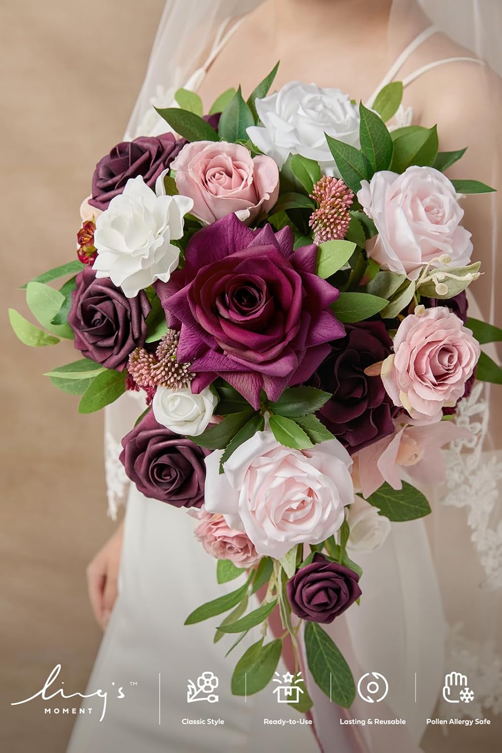 Ling's moment Burgundy Cascading Bridal Bouquet, Marsala Wedding Bouquets for Bride, 13 Inch Birde Bouquet Artificial Wedding Flower Bouquet