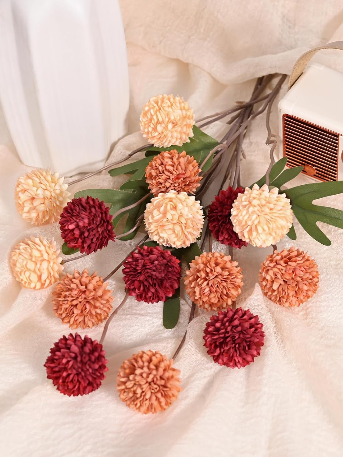 Waipfaru 10pcs Fake Silk Pompon Mum Artificial Fall Flowers, Faux Mini Chrysanthemums with 2pcs Eucalyptus Stems, Fall Decor for Centerpieces Wedding, No vase, Multicoloured