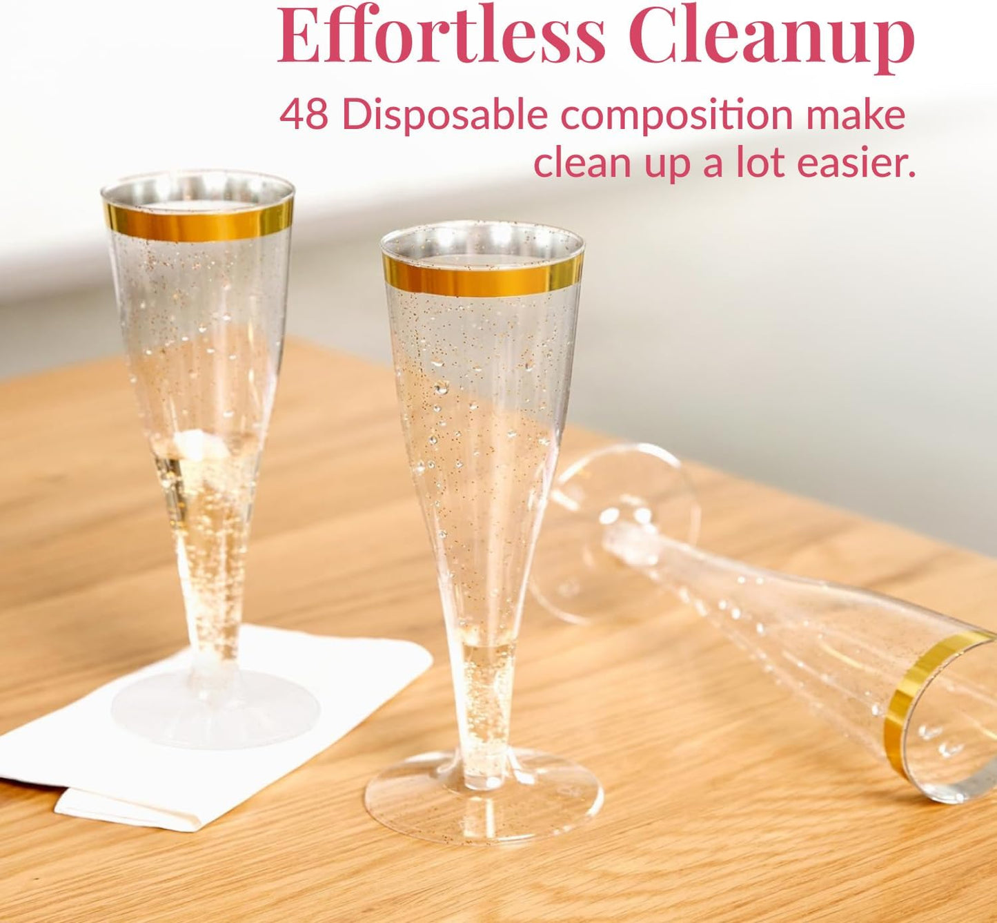 Prestee 48 Disposable Plastic Champagne Flutes with Gold Rim Glitter - Clear Toasting Glasses for Mimosa, New Year’s Eve Party, and Elegant Celebrations - Premium Quality Disposable Stemware