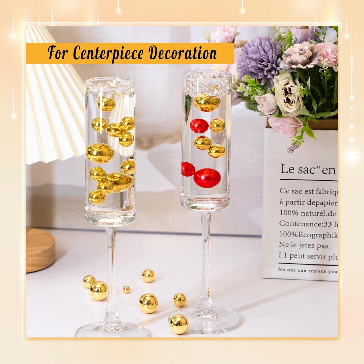 300Pcs Pearl Vase Filler, BrightGold No Hole Faux Pearl Beads for Centerpieces Vases, Candle Centerpieces, Wedding Birthday Party Home Decor 8/10/14/20mm