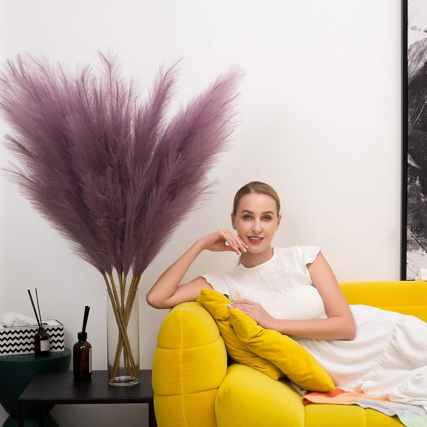 EVODIS Pampas Grass Decor Tall, 43"/110cm Faux Pampas Grass 6 Stems Large Pompass Grass Branches Tall Bulk Boho Flower Arrangement for Home Room Wedding Party Decor (Light Purple)