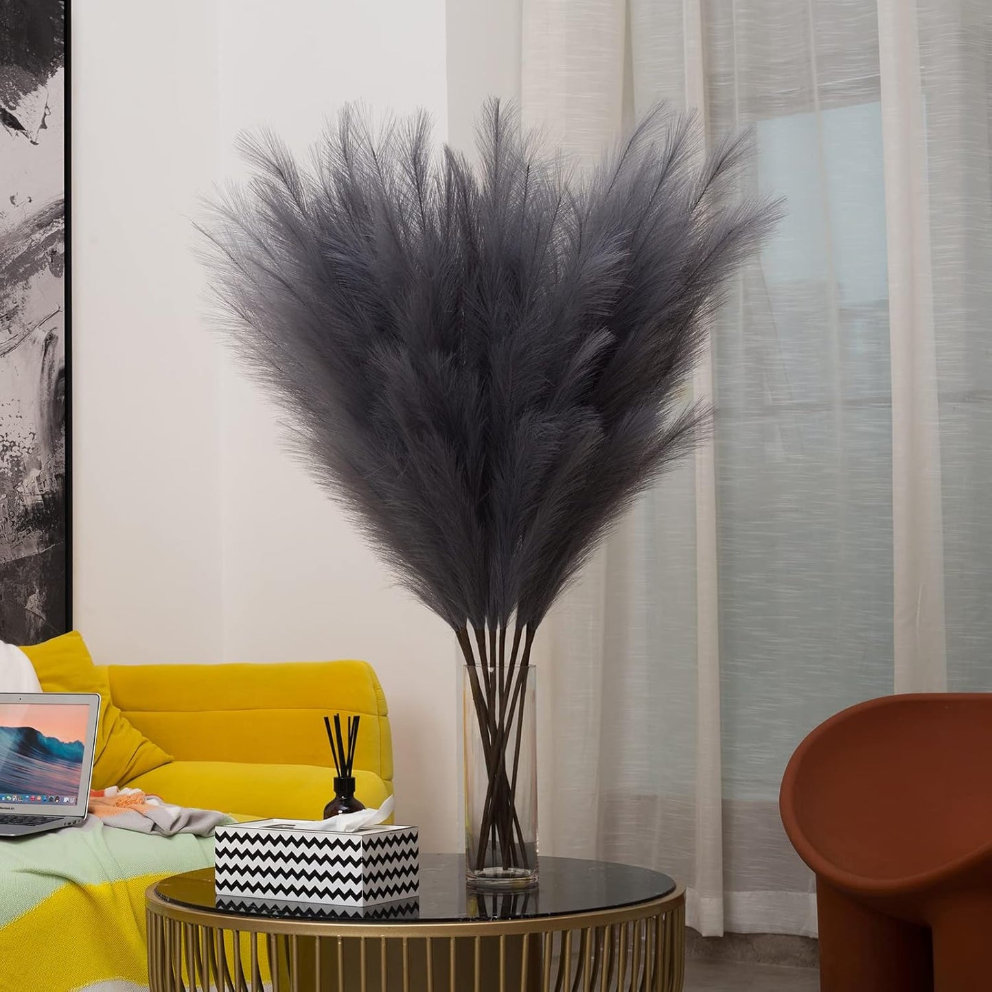 Faux Pampas Grass 6 Stems, Artificial Pampas Grass - 43''/3.6FT Total Extra Large Pompass Grass Tall Pompous Boho Flower Arrangement and Floor Vase Filler Home Decor for Room Wedding Party (Grey)