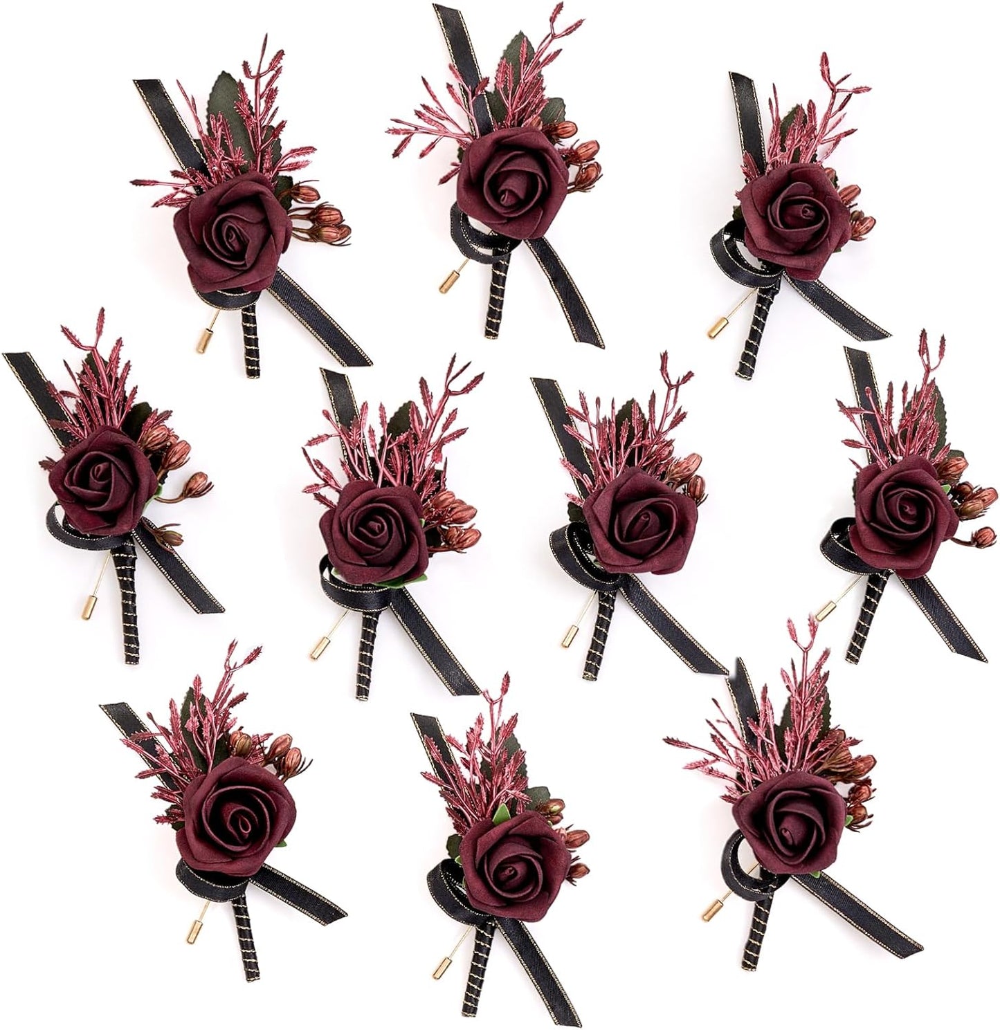 Serwalin 10Pcs Boutonniere for Men, Burgundy Groom and Best Man Boutonniere, Artificial Flowers for Wedding Decor Prom Homecoming Ceremony Anniversary Formal Dinner Party