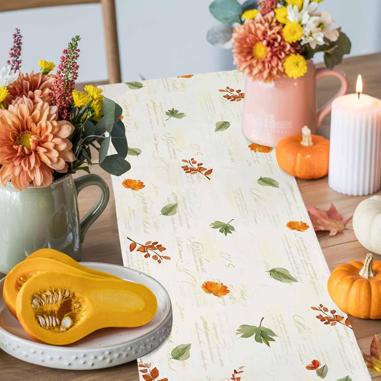 Fall Wildflowers Cotton Linen Table Runner for Dining Kitchen, Thanksgiving Pumpkin Outdoor Party Rustic Tablerunners Decoration,Botanical Floral Vintage Dresser Scarf Tablecloth Runners 13x120 Inches