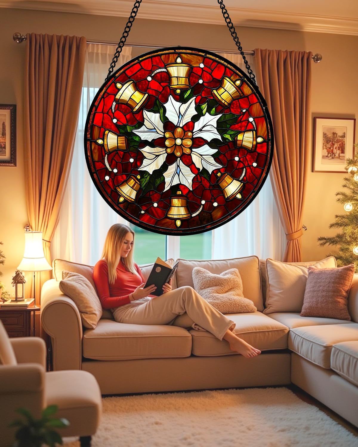 Stained Glass Window Hanging - Golden Bells Flowers Suncatcher for Doors Home Christmas Decoration Winter Sun Catcher Thanksgiving New Year Birthday Gift for Friend Women Men Mom Nana 15 in