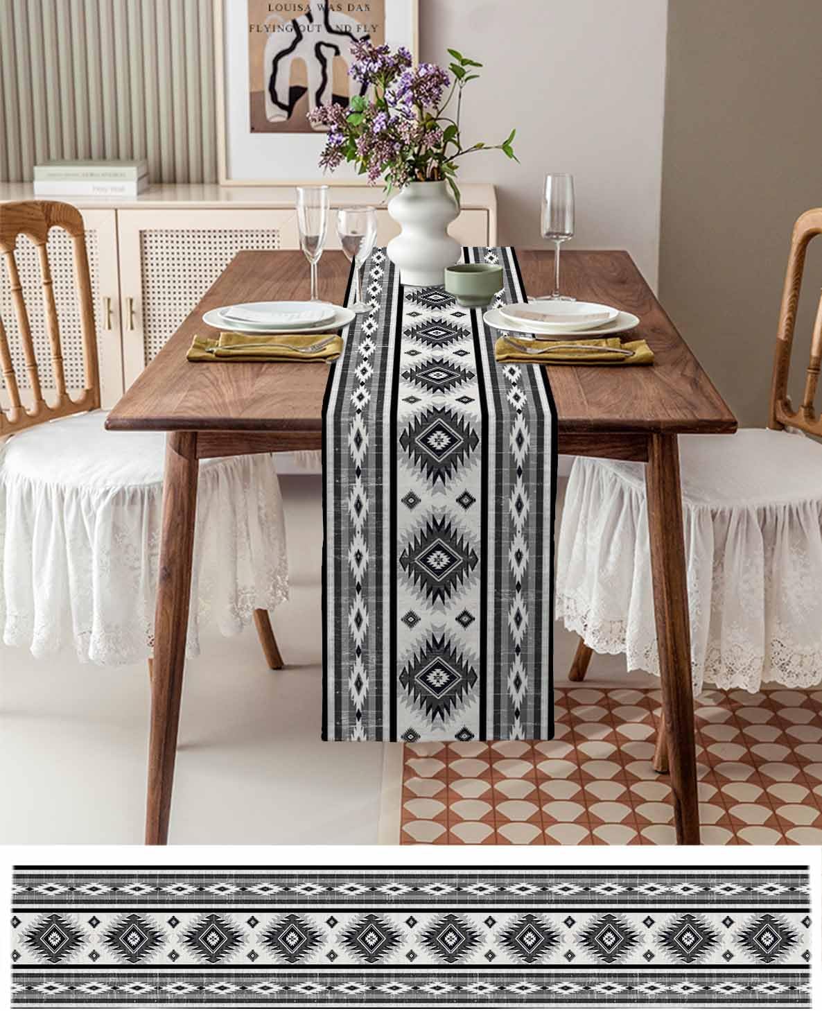 Aztec Southwest Cotton Linen Table Runner for Dining Kitchen, Wedding Outdoor Party Tablerunners Decoration, Boho Ethnic Tribes Vintage Grey Dresser Scarf Coffee Tablecloth Runners 13x72 Inches