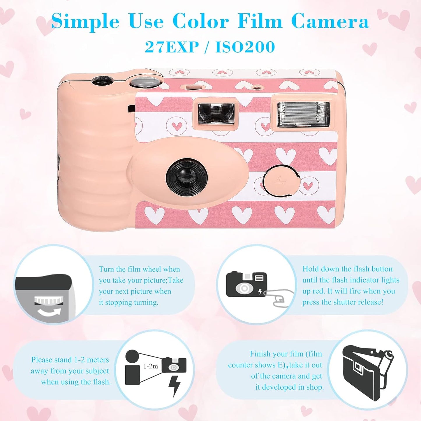 3 Pack Disposable Camera for Wedding Simple Use Color Film Camera with Flash Disposable Cameras One Time Camera for Gathering Wedding Travel Party Supply (Pink)