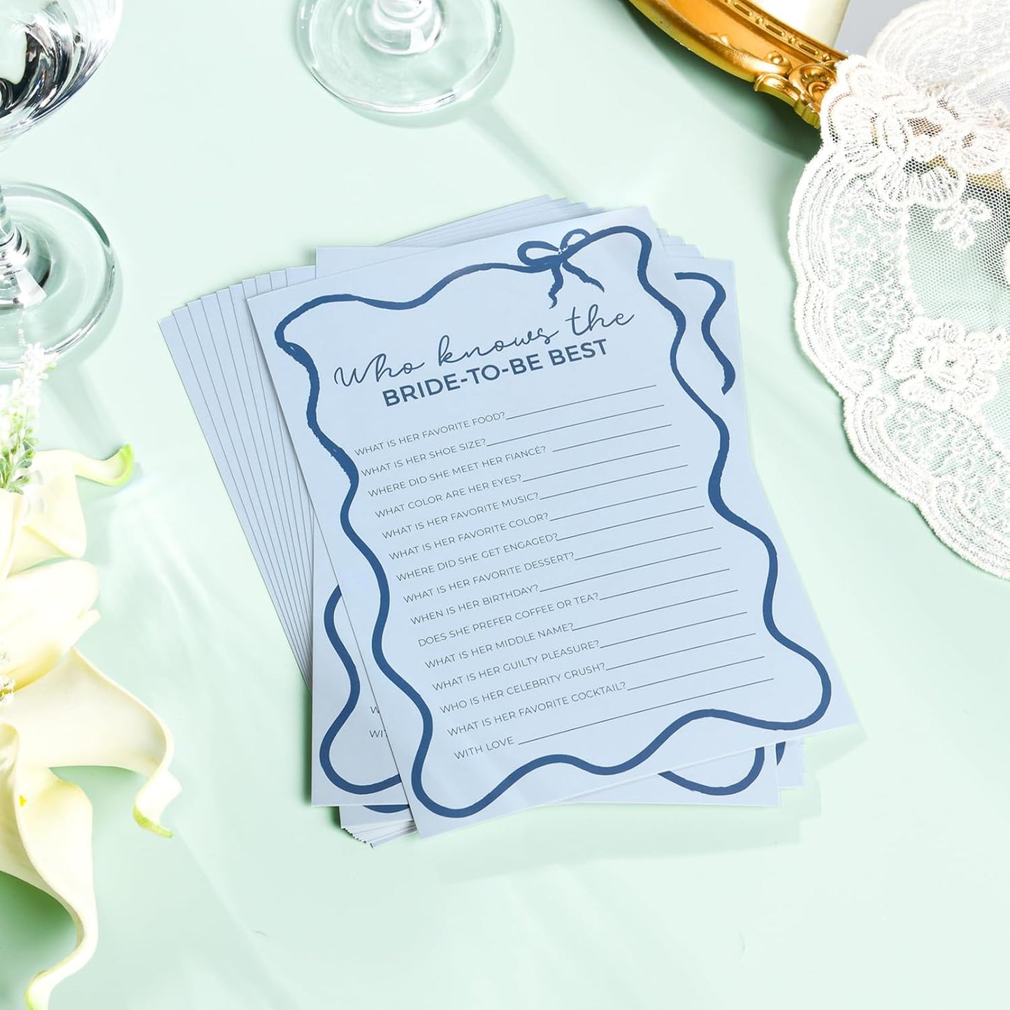 DEEKA 30 PCS Bridal Shower Games Card for 30 Guests Blue Wavy Border Ribbon Bow Funny Wedding Bachelorette Party Games for Reception (Who Knows The Bride-to-be Best)