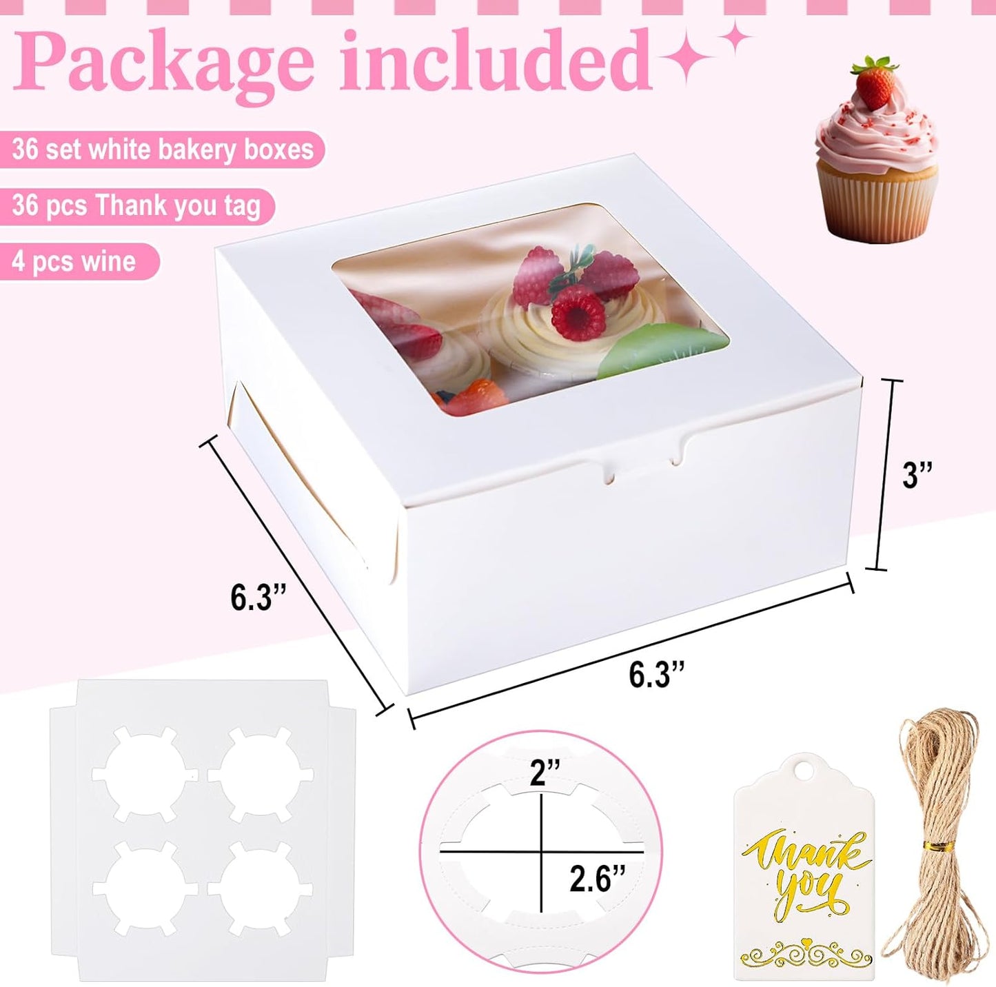 36 Pack Cupcake Boxes Hold 4 Count Disposable Cupcake Containers with Window and Cake Carrier with Thanks Card and Jute Rope to Muffins Cupcakes Cookies Gift Wrapping (White)