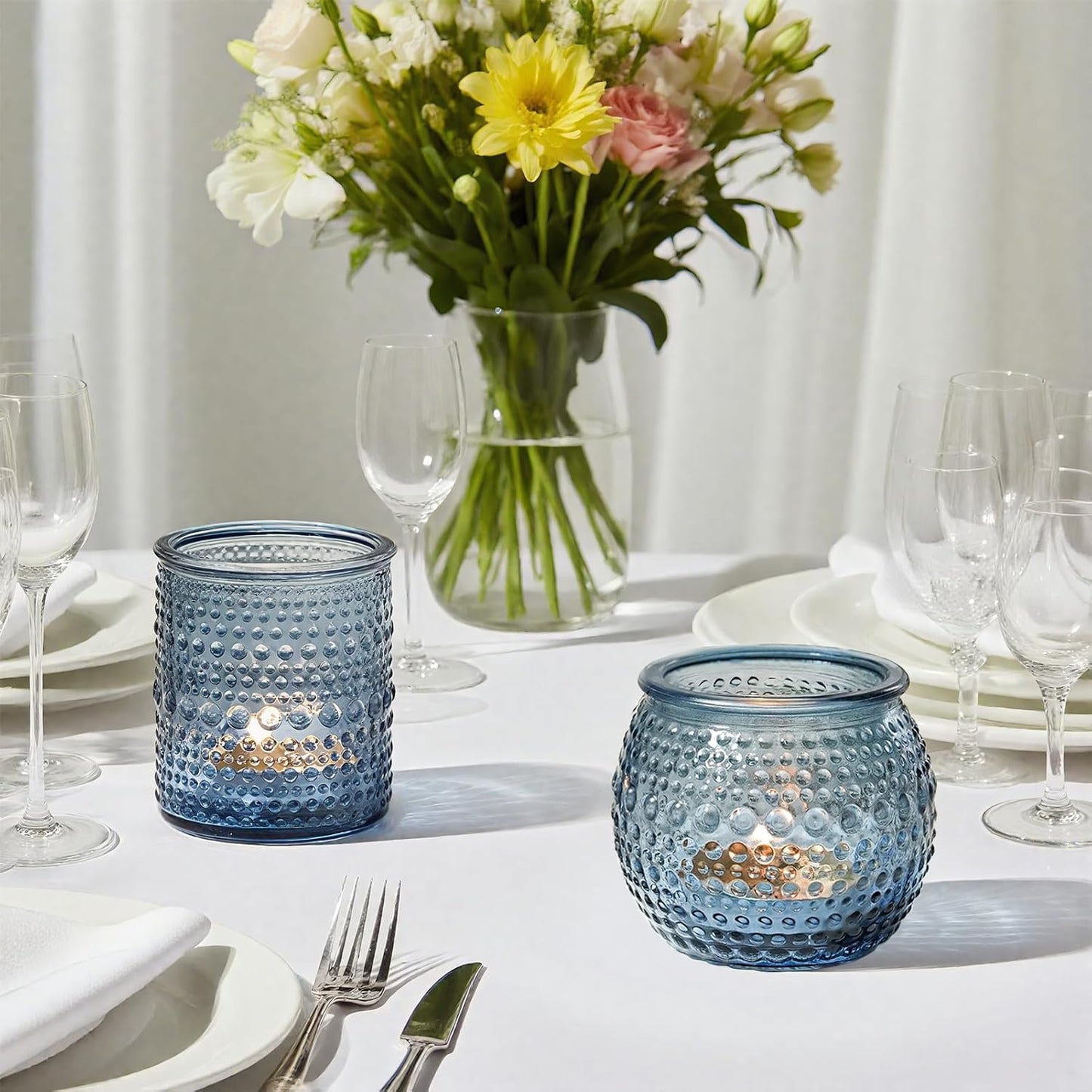 36pcs Votive Candle Holders, 2x2.5inchs Blue Elegant Glass Votives & Tealight Candle Holders for Wedding Centerpieces Party Decorations and Home Decor for Tables (Blue)