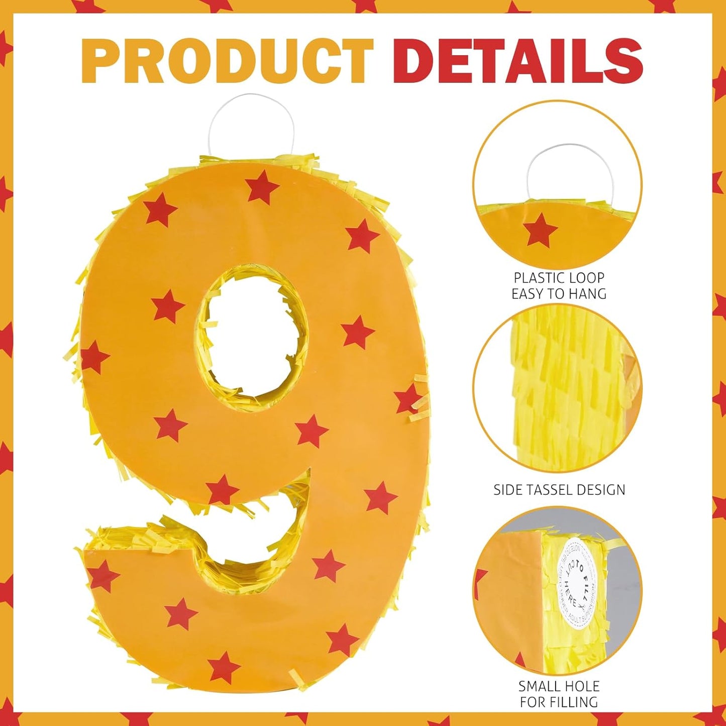 Orange and Red Star Number 9 Pinata, 16 Inch Piñata for 9th Birthday Party Decorations with Stick, Blindfold and Confetti (15.7 inch Number 9 Pinata)