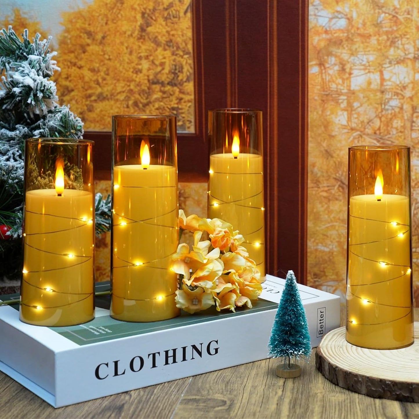 Flameless LED Candles with Timer 9 Pc Flickering Flameless Candles for Romantic Ambiance and Home Decoration Stable Acrylic Shell,with Embedded Star String，Battery Operated Candles（Gold）