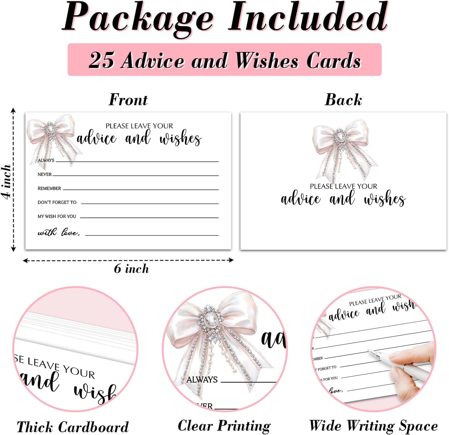25 Advice and Wishes Cards, White Bow Fill-In Advice Cards for Bridal Shower Wedding Birthday Party Baby Shower Graduation Party, Well Wishes Card for Mr & Mrs Adults, Party Supplies -03