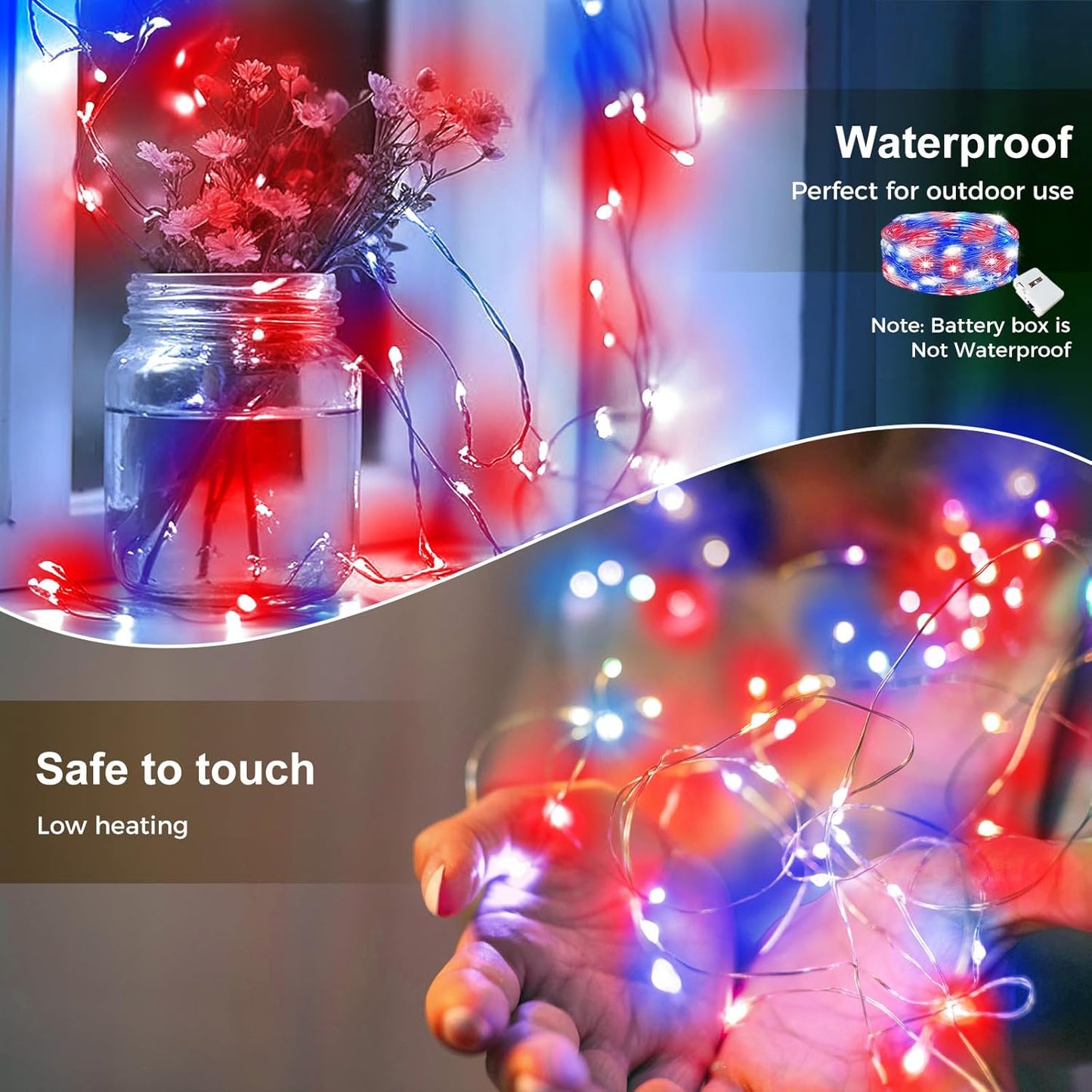 kolpop 12 Pack 4th of July Decor Patriotic Fairy Lights Battery Operated with 3 Modes, Red White Blue Twinkle String Lights Waterproof for Mason Jars Party