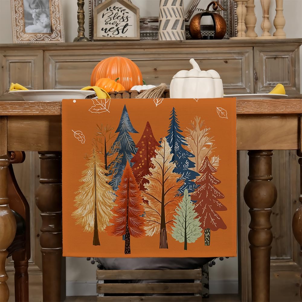 GEEORY Fall Watercolor Trees & Maple Leaves Table Runner 13x60 Inch, Rustic Farmhouse Autumn Thanksgiving Decor for Kitchen, Dining, Indoor/Outdoor Holiday Dinner Party Orange GT158-60