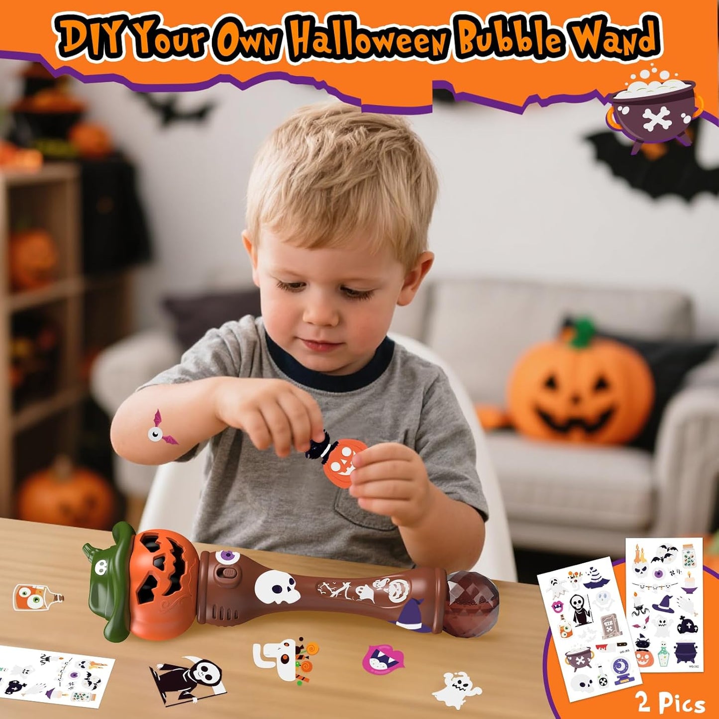 Halloween Pumpkin Bubble Wand for Kids - 2 Pack Automatic Bubble Machine Blower Toys for Toddlers 3-8 with LED Lights, Music Function, DIY Stickers,10 Refill Solutions, Halloween Party Favors Gifts