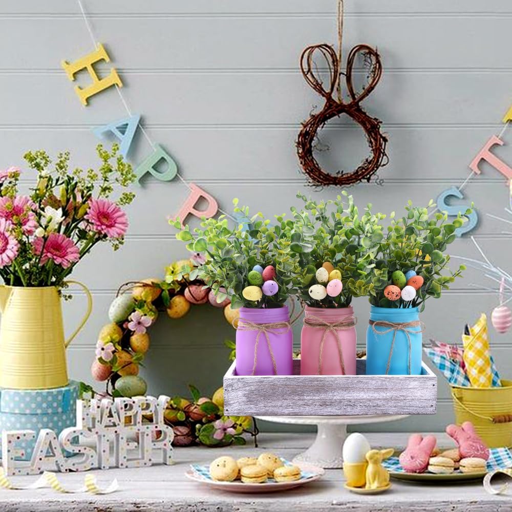 DIYDEC 3PCS Easter Mason Jars 3 * 5Inch Easter Painted Tiered Tray Decorative Jars with Wood Tray &Artificial Flowers Farmhouse Bottles for Holiday Spring Home Table Centerpiece Decor Gifts